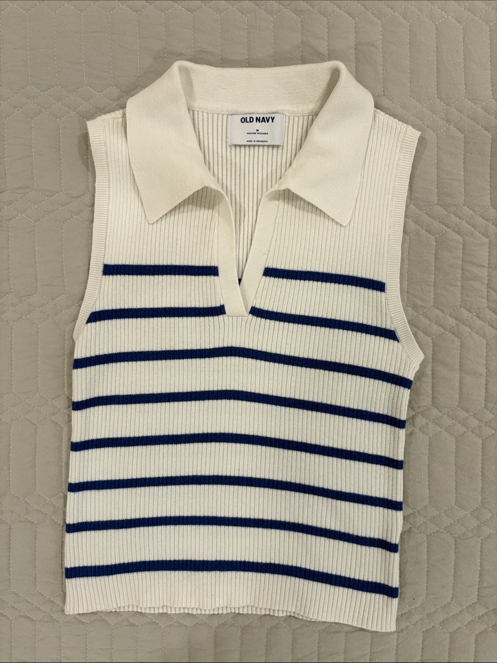 Old Navy Cream Sleeveless Polo Top with Blue Stripes